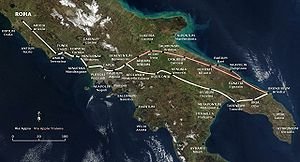 Die Appiese Weg op 'n satellietbeeld van Italië.